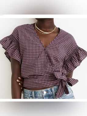 Madewell | Women’s Plaid flutter-sleeve side-tie wrap top size Medium